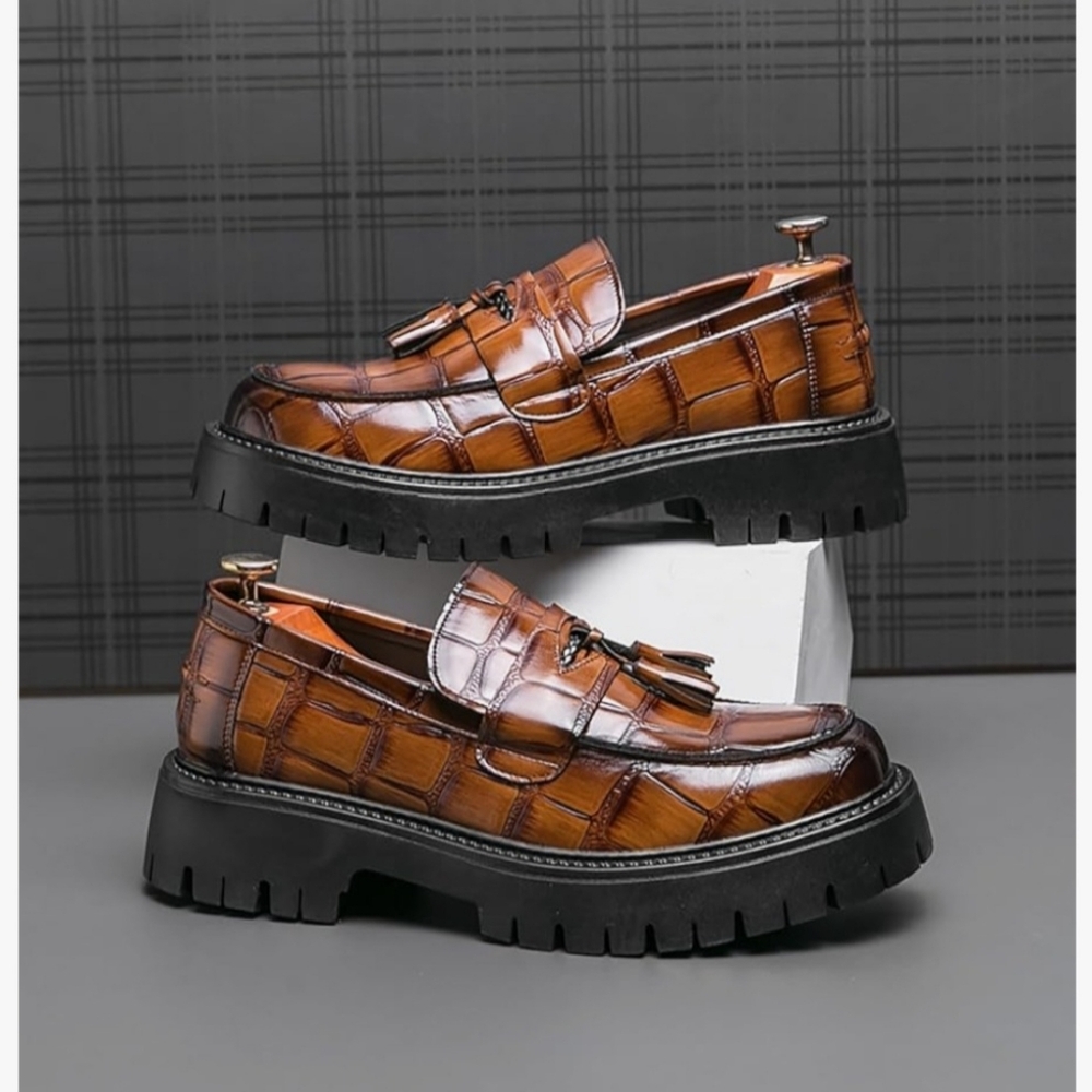 Men's Croc-Embossed Tassel Loafers in Cognac Brown